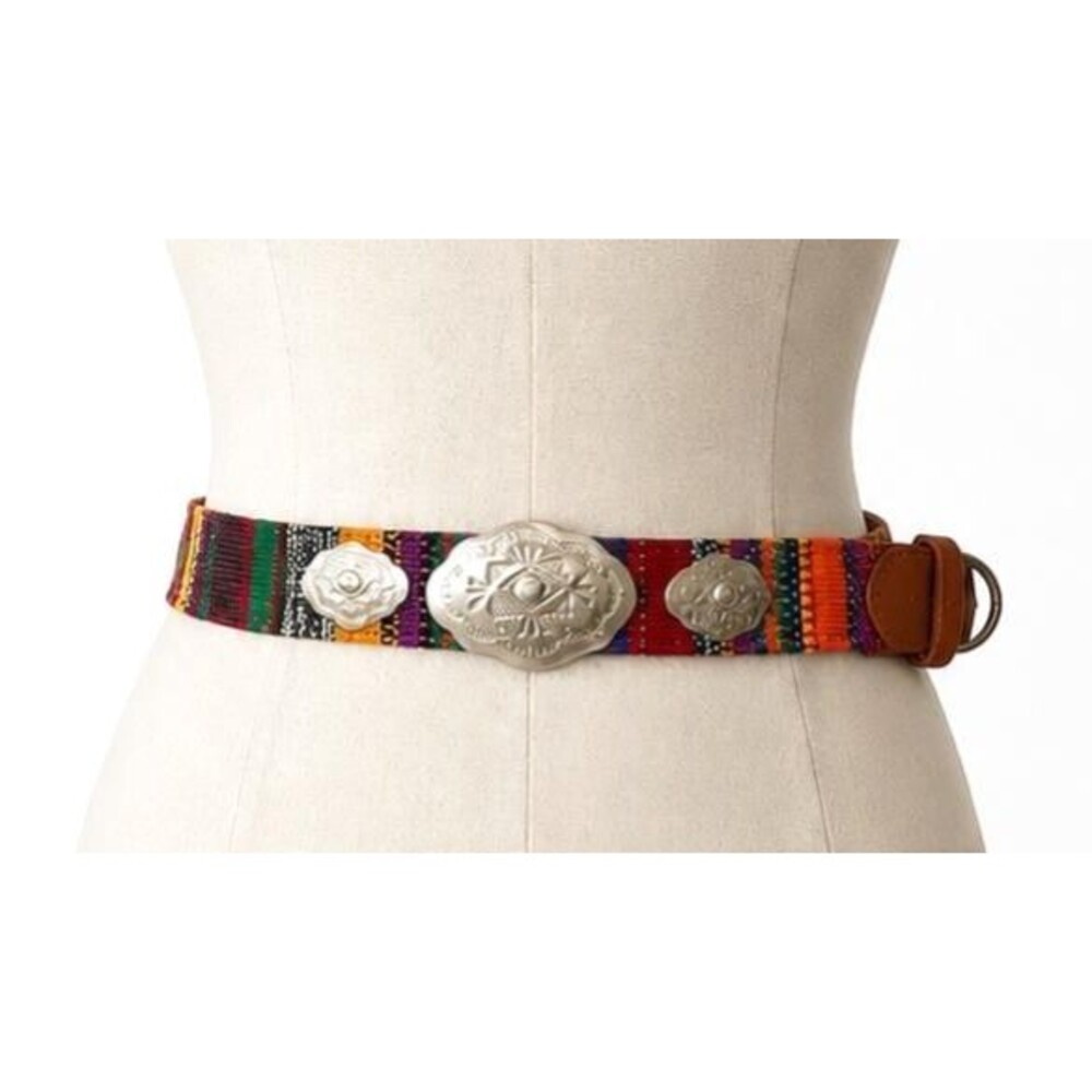 VTG Guatemala Woven Leather Concho Belt Colorful Boho Western Size Large Sz 36
